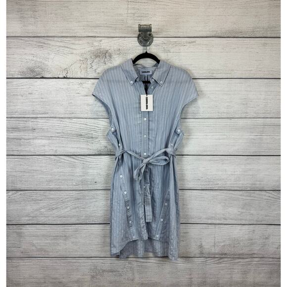 Saint Art Women's Light Blue Talma Pinstripe Cap Sleeve Button Dress Size Medium - Picture 1 of 9